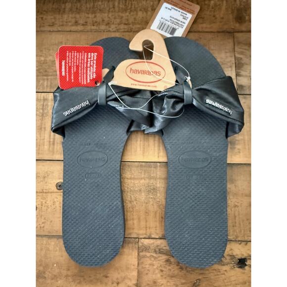 Havaianas Shoes Womens Size 7/8 Graphite Black Flip Flops Sandals Bow Brazil New - Picture 1 of 5